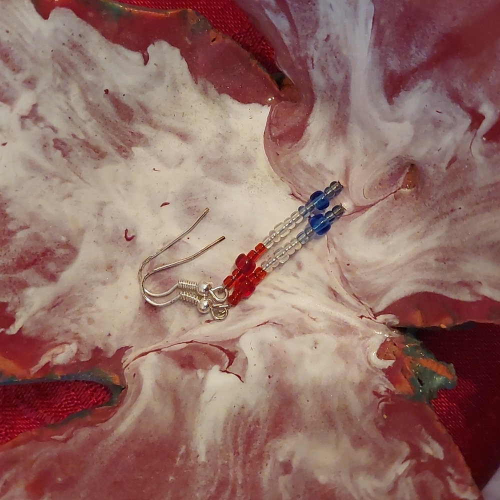 Red, white, and blue beaded dangle earrings